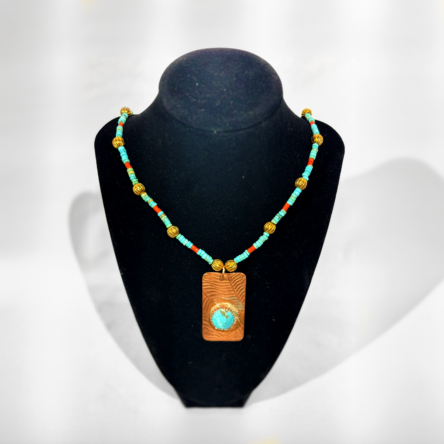 Cooper Pendent with Turquoise ,Turquoise color beads red and cooper with earring that match beaded