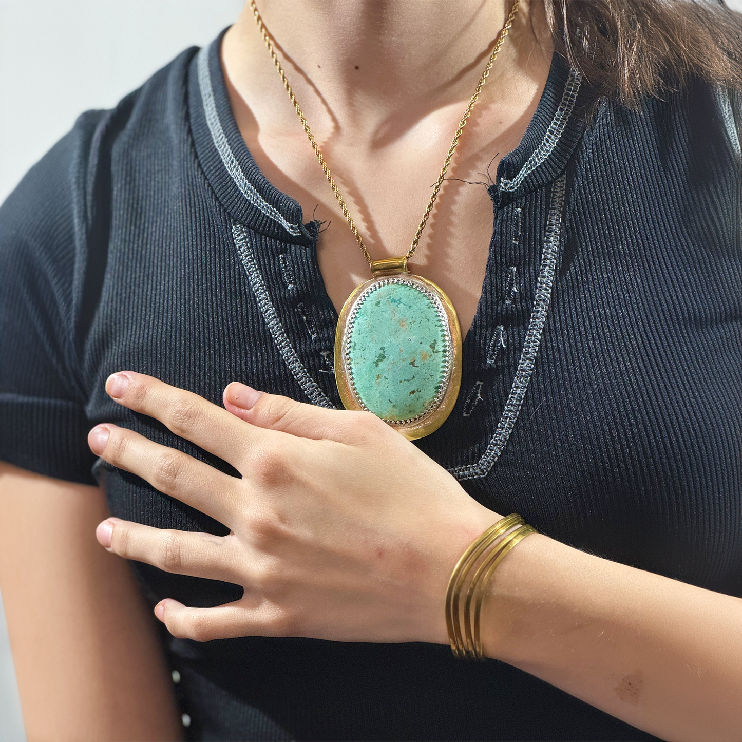 BRASS AND TURQUOISE LARGE NECKLACE